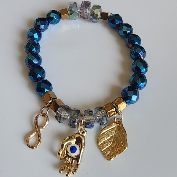 Blue Beaded Bracelet with Gold Charms - Picture 1 of 5